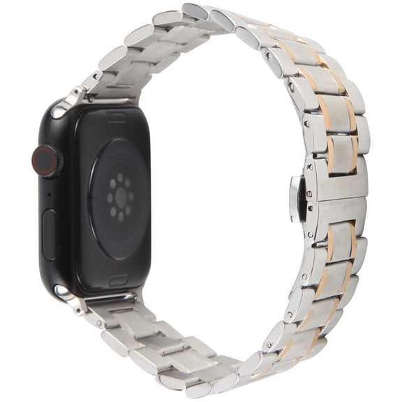 For Apple Watch 46mm / 49mm / 45mm / 44mm Butterfly Buckle New Five Beads Stainless Steel Watch Band(Silver Rose Gold)