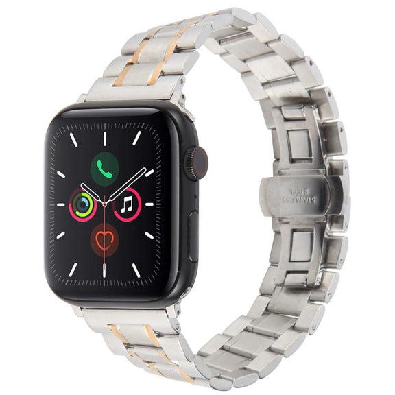 For Apple Watch 46mm / 49mm / 45mm / 44mm Butterfly Buckle New Five Beads Stainless Steel Watch Band(Silver Rose Gold)