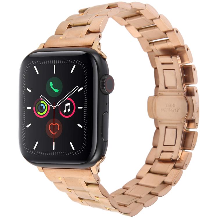 For Apple Watch 46mm / 49mm / 45mm / 44mm Butterfly Buckle New Five Beads Stainless Steel Watch Band(Rose Gold)