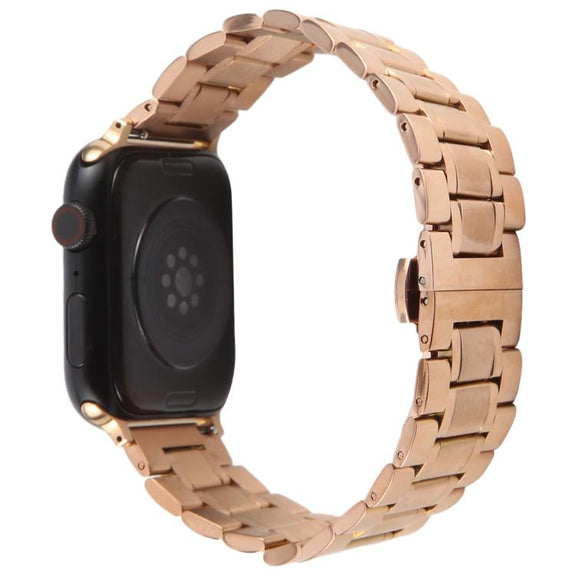For Apple Watch 46mm / 49mm / 45mm / 44mm Butterfly Buckle New Five Beads Stainless Steel Watch Band(Rose Gold)