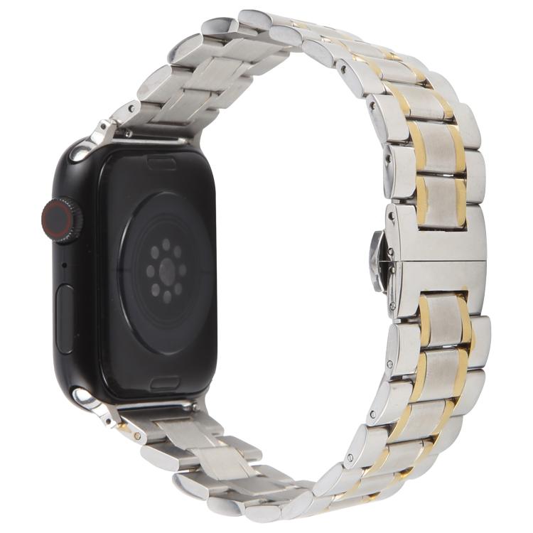 For Apple Watch 46mm / 49mm / 45mm / 44mm Butterfly Buckle New Five Beads Stainless Steel Watch Band(Silver Gold)