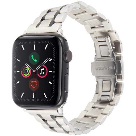 For Apple Watch 42mm / 41mm / 40mm / 38mm Butterfly Buckle New Five Beads Stainless Steel Watch Band(Silver Black)