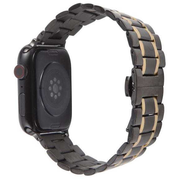 For Apple Watch 42mm / 41mm / 40mm / 38mm Butterfly Buckle New Five Beads Stainless Steel Watch Band(Black Gold)