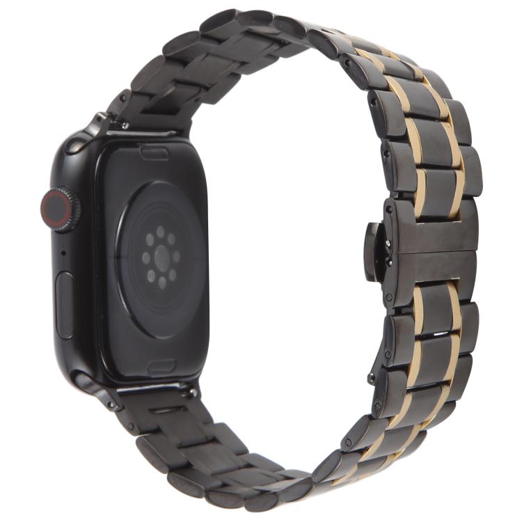 For Apple Watch 42mm / 41mm / 40mm / 38mm Butterfly Buckle New Five Beads Stainless Steel Watch Band(Black Gold)
