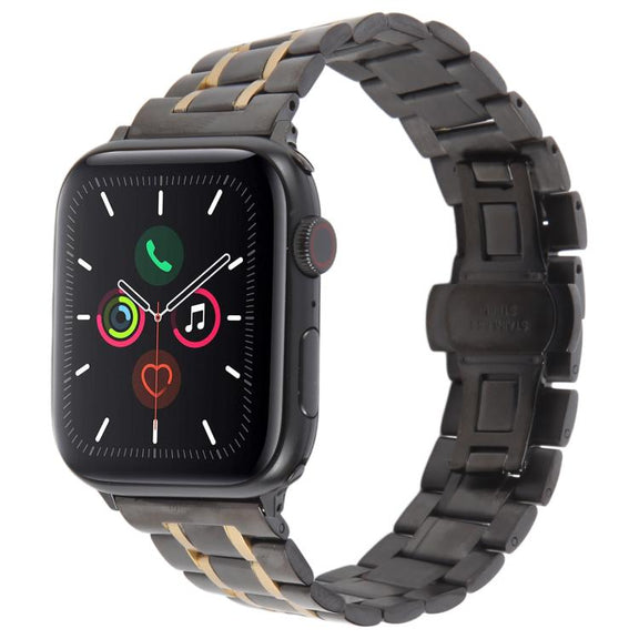 For Apple Watch 42mm / 41mm / 40mm / 38mm Butterfly Buckle New Five Beads Stainless Steel Watch Band(Black Gold)