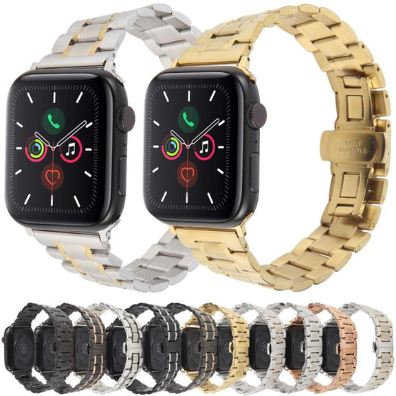 For Apple Watch 46mm / 49mm / 45mm / 44mm Butterfly Buckle New Five Beads Stainless Steel Watch Band(Black Silver)