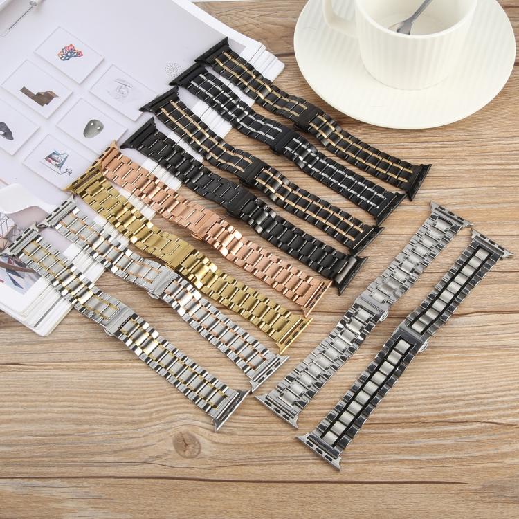For Apple Watch 46mm / 49mm / 45mm / 44mm Butterfly Buckle New Five Beads Stainless Steel Watch Band(Silver Black)