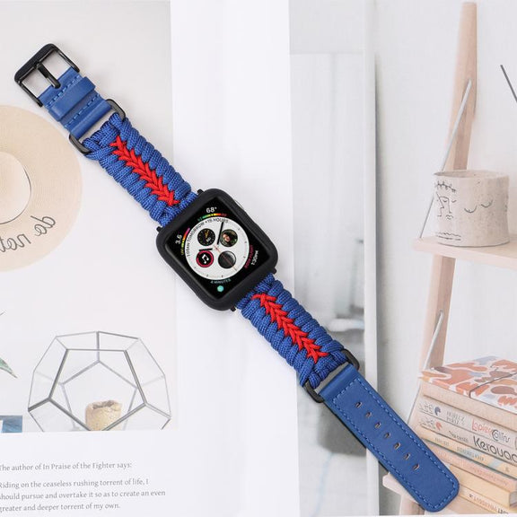 For Apple Watch 46mm / 49mm / 45mm / 44mm Double Leather Buckle Paracord Nylon Watch Band(Blue)