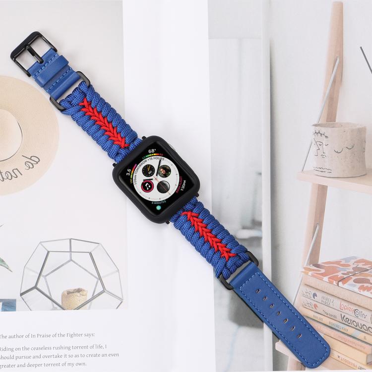 For Apple Watch 46mm / 49mm / 45mm / 44mm Double Leather Buckle Paracord Nylon Watch Band(Blue)