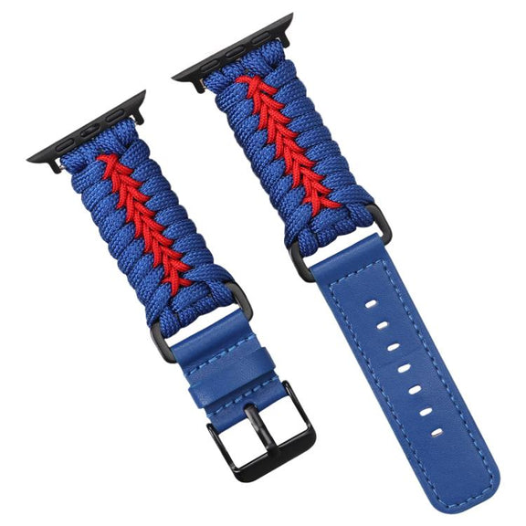 For Apple Watch 46mm / 49mm / 45mm / 44mm Double Leather Buckle Paracord Nylon Watch Band(Blue)