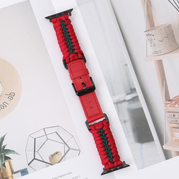 For Apple Watch 46mm / 49mm / 45mm / 44mm Double Leather Buckle Paracord Nylon Watch Band(Red)