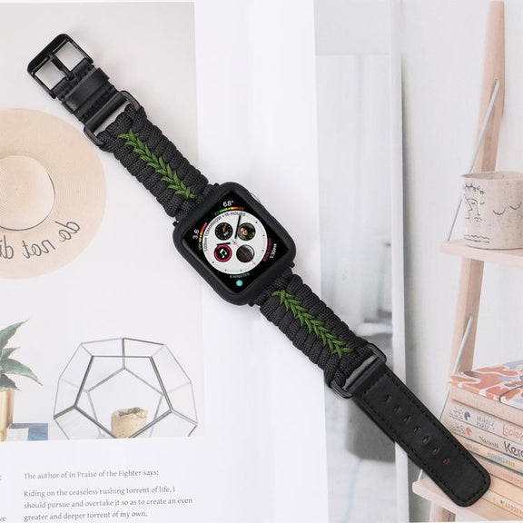 For Apple Watch 42mm / 41mm / 40mm / 38mm Double Leather Buckle Paracord Nylon Watch Band(Green)