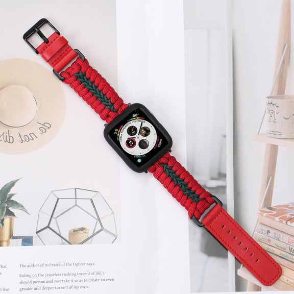 For Apple Watch 42mm / 41mm / 40mm / 38mm Double Leather Buckle Paracord Nylon Watch Band(Red)