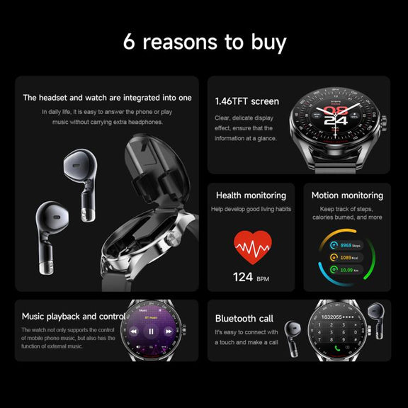 D9 1.46 inch 2 in 1 Bluetooth Earphone Smart Watch, Support Bluetooth Call / NFC / Heart Rate(Silver)
