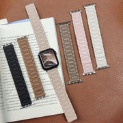 For Apple Watch 42mm / 41mm / 40mm / 38mm I-shaped Three-piece Leather Magnetic Watch Band(Khaki)