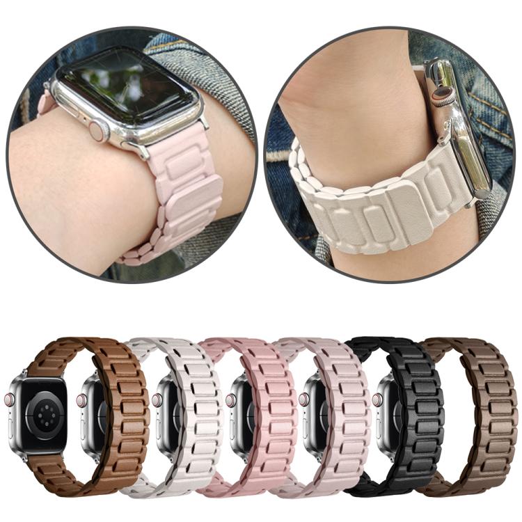 For Apple Watch 42mm / 41mm / 40mm / 38mm I-shaped Three-piece Leather Magnetic Watch Band(Khaki)