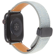 For Apple Watch 46mm / 49mm / 45mm / 44mm Folding Magnetic Buckle Denim Leather Watch Band(Light Blue)