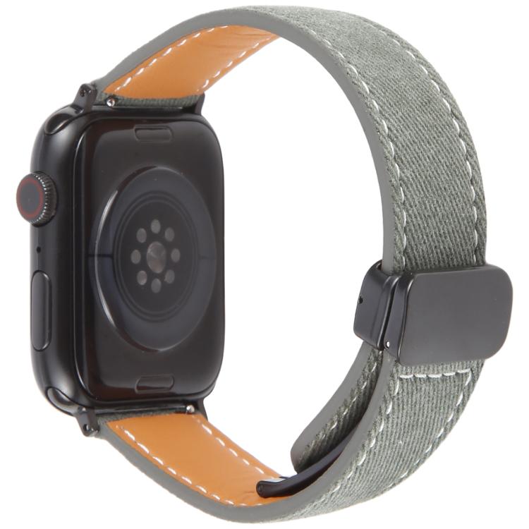 For Apple Watch 46mm / 49mm / 45mm / 44mm Folding Magnetic Buckle Denim Leather Watch Band(Retro Blue)