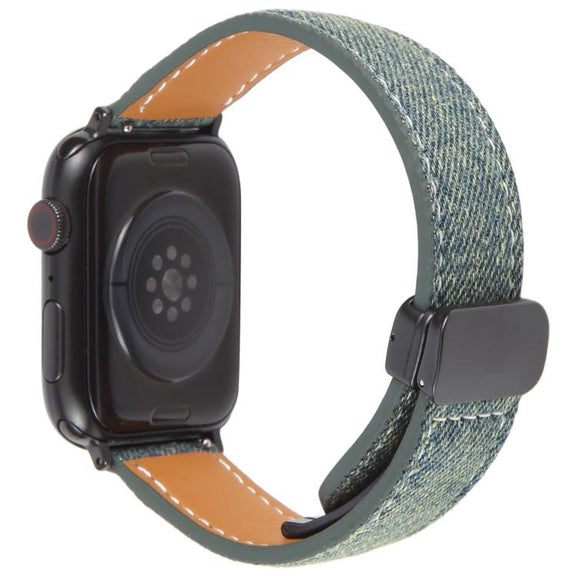 For Apple Watch 46mm / 49mm / 45mm / 44mm Folding Magnetic Buckle Denim Leather Watch Band(Blue Grey)