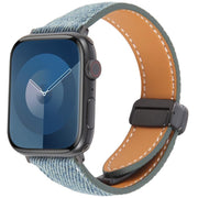 For Apple Watch 46mm / 49mm / 45mm / 44mm Folding Magnetic Buckle Denim Leather Watch Band(Misty Blue)