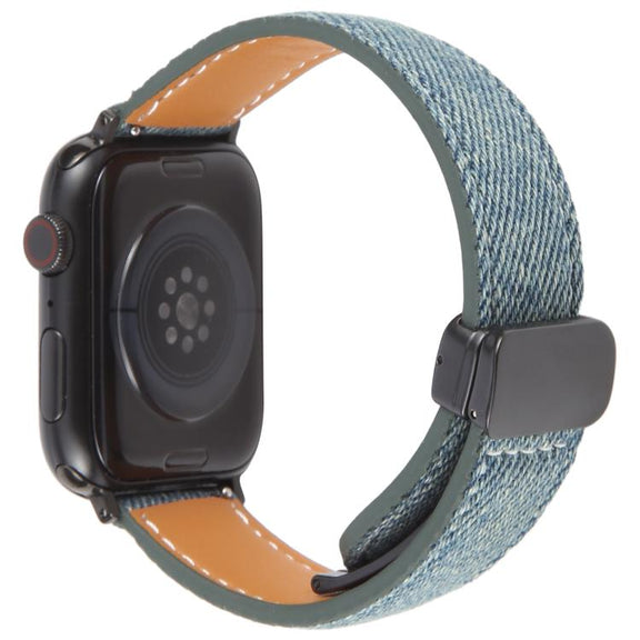 For Apple Watch 46mm / 49mm / 45mm / 44mm Folding Magnetic Buckle Denim Leather Watch Band(Misty Blue)