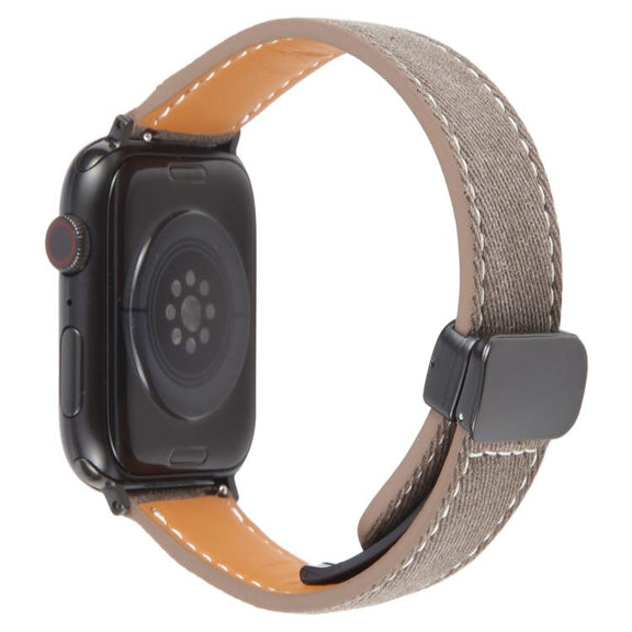 For Apple Watch 46mm / 49mm / 45mm / 44mm Folding Magnetic Buckle Denim Leather Watch Band(Light Brown)