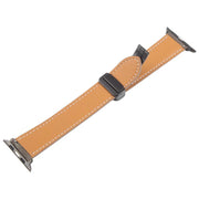 For Apple Watch 46mm / 49mm / 45mm / 44mm Folding Magnetic Buckle Denim Leather Watch Band(Light Brown)
