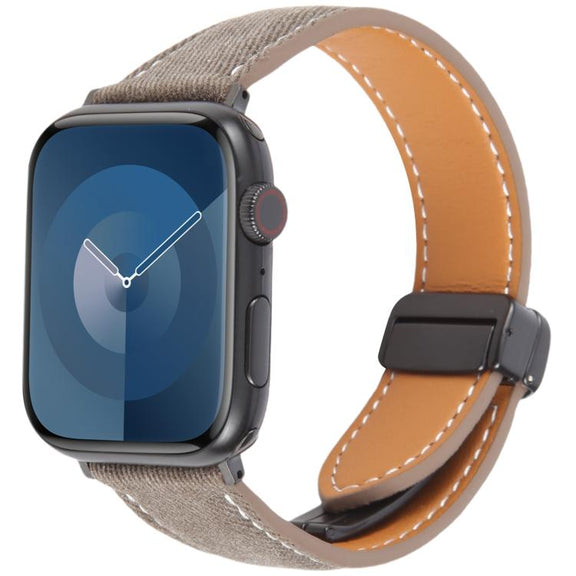 For Apple Watch 46mm / 49mm / 45mm / 44mm Folding Magnetic Buckle Denim Leather Watch Band(Light Brown)