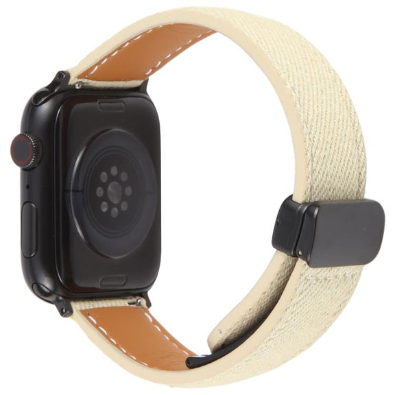 For Apple Watch 46mm / 49mm / 45mm / 44mm Folding Magnetic Buckle Denim Leather Watch Band(Apricot)