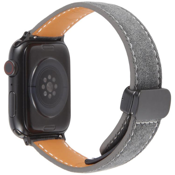 For Apple Watch 42mm / 41mm / 40mm / 38mm Folding Magnetic Buckle Denim Leather Watch Band(Black)