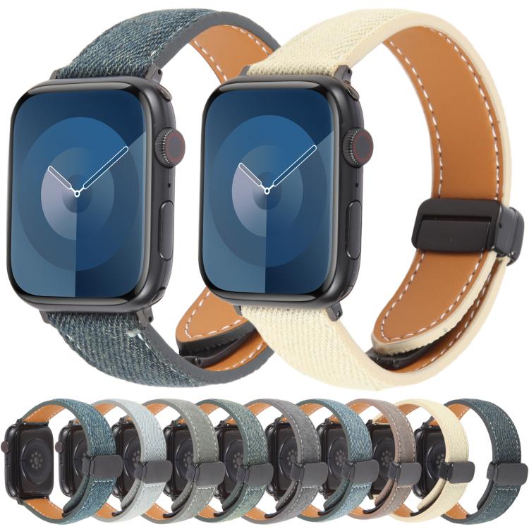 For Apple Watch 46mm / 49mm / 45mm / 44mm Folding Magnetic Buckle Denim Leather Watch Band(Blue Grey)