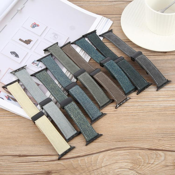 For Apple Watch 46mm / 49mm / 45mm / 44mm Folding Magnetic Buckle Denim Leather Watch Band(Blue Grey)