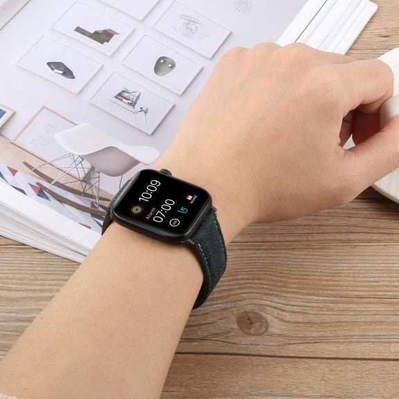 For Apple Watch 46mm / 49mm / 45mm / 44mm Folding Magnetic Buckle Denim Leather Watch Band(Blue Grey)