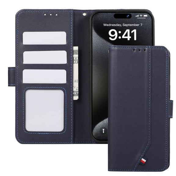 For iPhone 17 ABEEL Delicate Texture Splicing RFID Leather Phone Case(Blue)