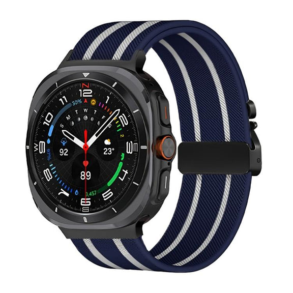 For Samsung Galaxy Watch Ultra 47mm Parachute Buckle Stripe Nylon Elastic Braided Watch Band(Midnight Blue White)
