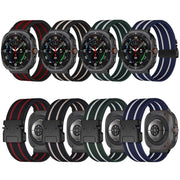 For Samsung Galaxy Watch Ultra 47mm Parachute Buckle Stripe Nylon Elastic Braided Watch Band(Dark Green White)