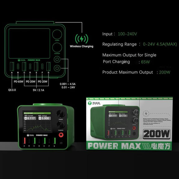 2UUL PC01 POWER MAX 200W Multi-Port Charger Adjustable Voltage Power Supply, Plug:US Plug