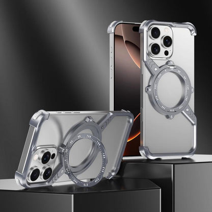 For iPhone 16e S Shaped 360 Holder Airbag Frameless MagSafe Metal Phone Case(Space Gray) - free shipping - PMC Jewellery - Order now!