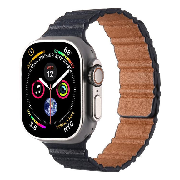 For Apple Watch 46mm / 49mm / 45mm / 44mm Magnetic PU Leather Watch Band(Dark Blue)