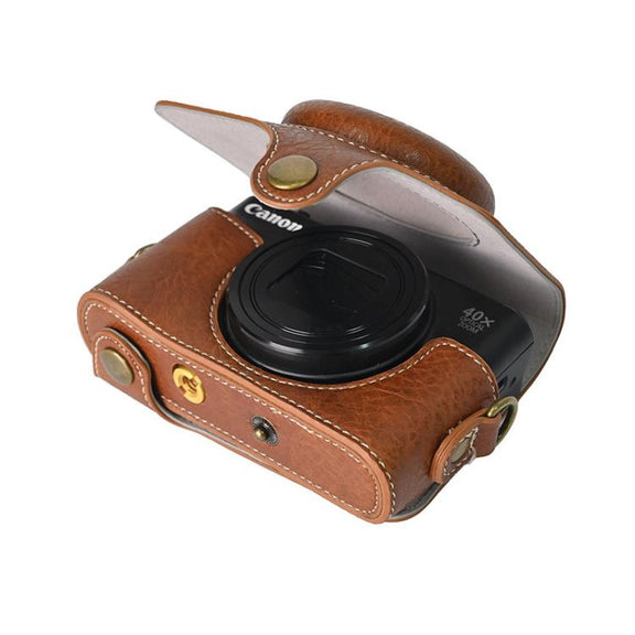 For Canon PowerShot SX740 HS Retro Litchi Texture Leather Full Body Camera Case Bag with Strap(Coffee)