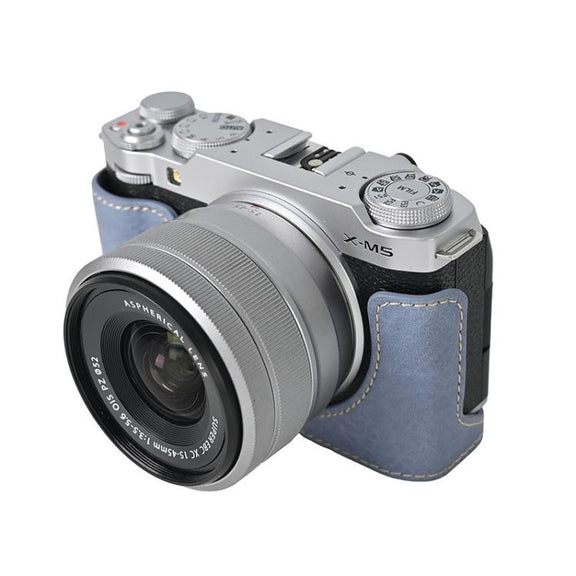 For FUJIFILM X-M5 Litchi Texture PU Leather Camera Half Case Base(Blue)