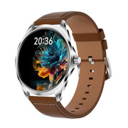 H78 1.43 inch AMOLED Screen Health & Fitness Smart Watch IP67 Water-resistant Support BT Call(Silver Shell Brown Leather)