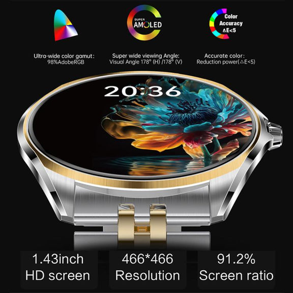 H78 1.43 inch AMOLED Screen Health & Fitness Smart Watch IP67 Water-resistant Support BT Call(Silver Milanese)