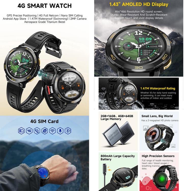 UNIWA DM300 4G Android Watch Phone, 4GB+64GB, 1.43 inc Unisoc SL8541E Quad Core, Support Heart Rate / Blood Oxygen(Black) - free shipping - PMc TechLife - Order now!