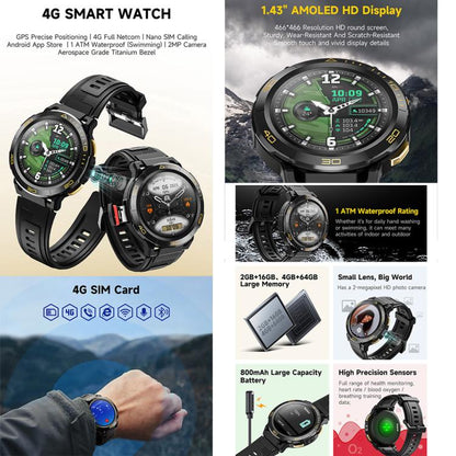 UNIWA DM300 4G Android Watch Phone, 2GB+16GB, 1.43 inc Unisoc SL8541E Quad Core, Support Heart Rate / Blood Oxygen(Black) - free shipping - PMC Jewellery - Order now!