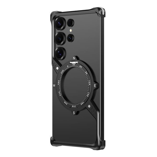 For Samsung Galaxy S22 Ultra 5G S Shaped 360 Holder Airbag Frameless MagSafe Metal Phone Case(Black)