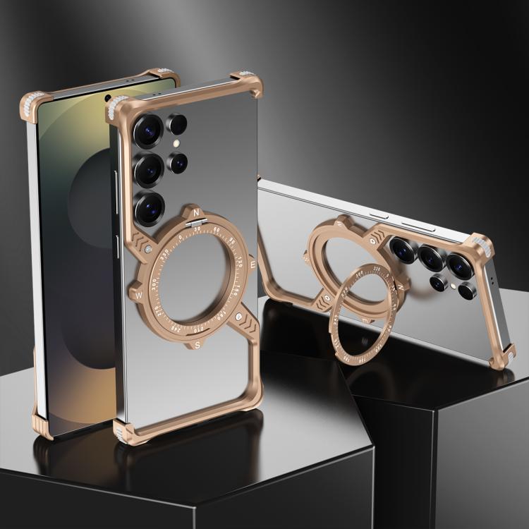 For Samsung Galaxy S22 Ultra 5G S Shaped 360 Holder Airbag Frameless MagSafe Metal Phone Case(Desert Gold)