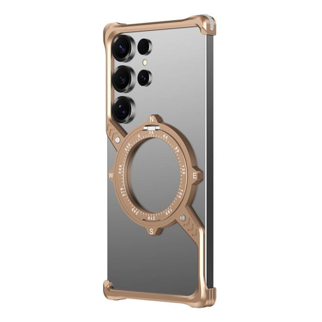 For Samsung Galaxy S22 Ultra 5G S Shaped 360 Holder Airbag Frameless MagSafe Metal Phone Case(Desert Gold)