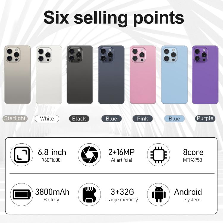 I16 Pro Max / VD1, 3GB+32GB, 6.8 inch Android 10 MTK6753 Octa Core, Network: 4G, Dual SIM, Plug:US Plug(Pink)