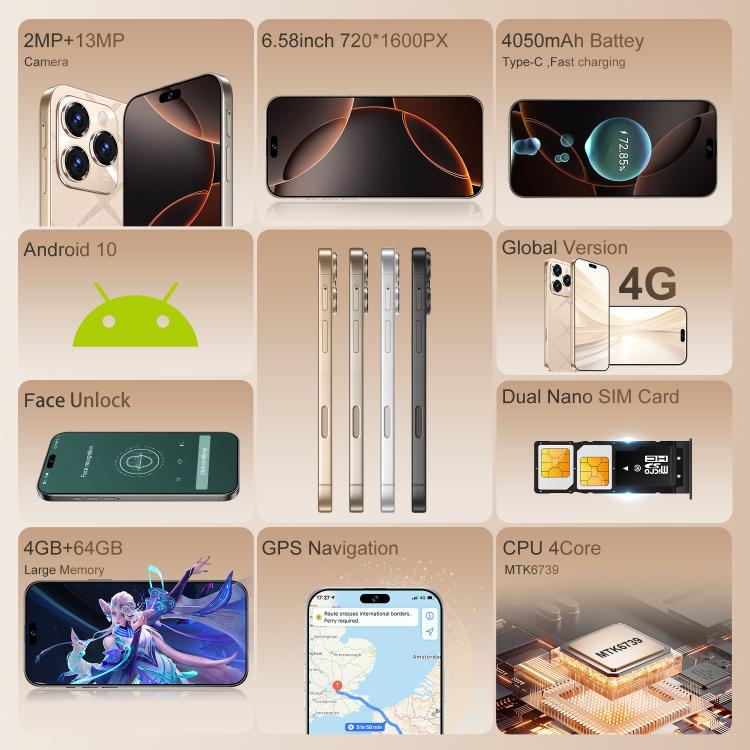 A16 Pro Max / PDA89-B, 4GB+64GB, 6.58 inch Android 10 MTK6739 Quad Core, Network: 4G, OTG, Dual SIM, Plug:AU Plug(Gold) - free shipping - PMc TechLife - Order now!